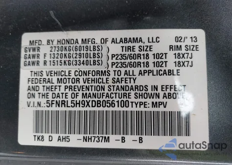 2013 Honda Odyssey Touring/Touring Elite z USA, uszkodzony, nr VIN 5FNRL5H9XDB056100